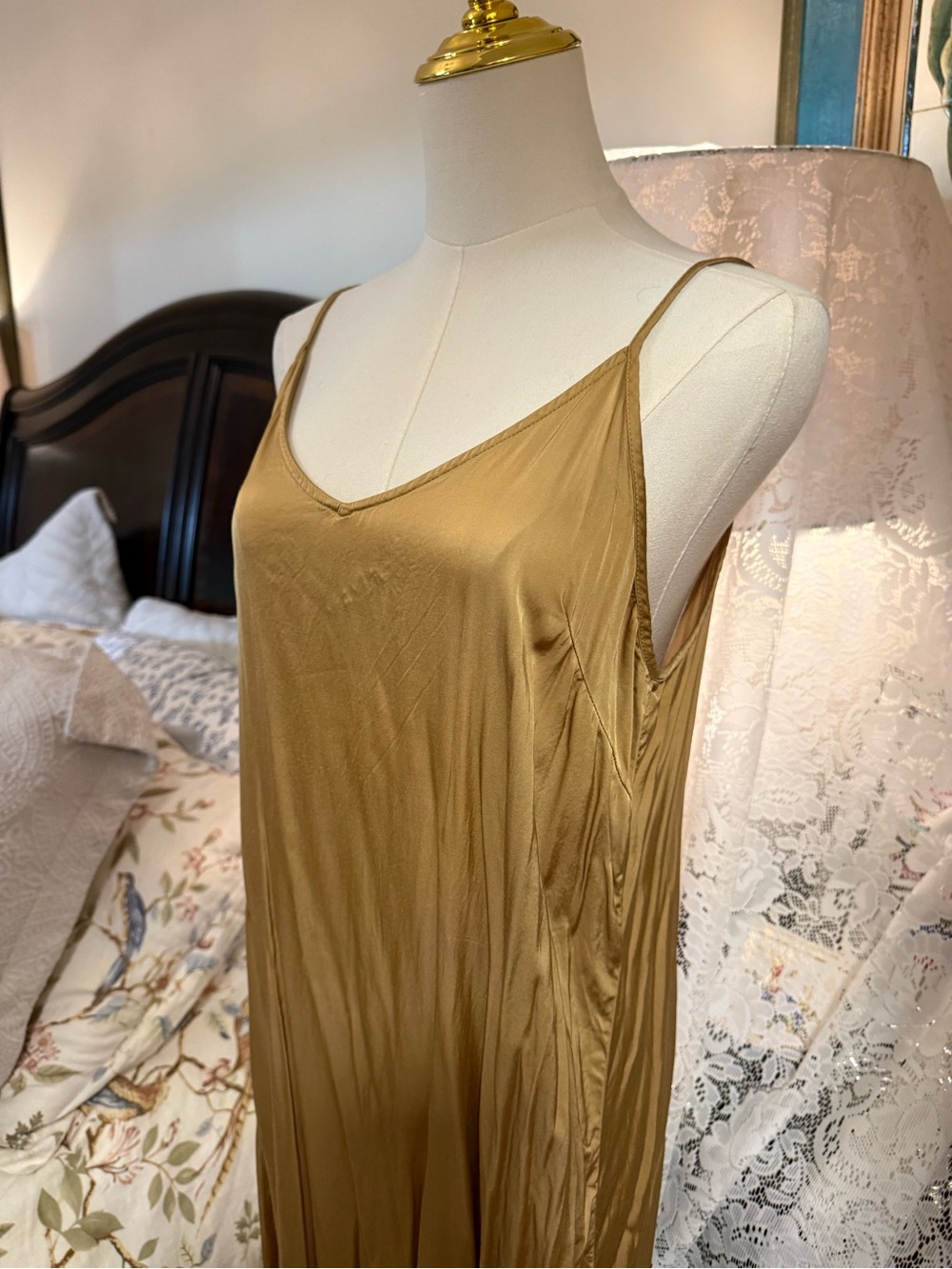 aerie Gold Satin Slip Maxi Dress